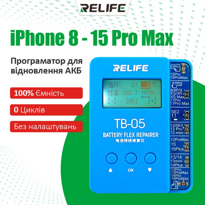 Програматор RELIFE TB-05 V9.0 для скидання циклів і відсотка зношеності акумулятора iPhone 8 -15 Pro Max
