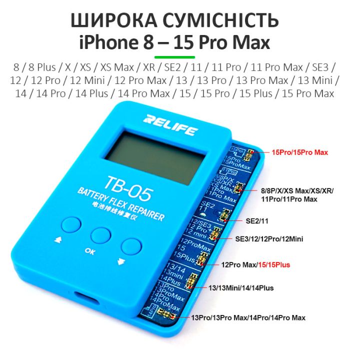 Програматор RELIFE TB-05 V9.0 для скидання циклів і відсотка зношеності акумулятора iPhone 8 -15 Pro Max