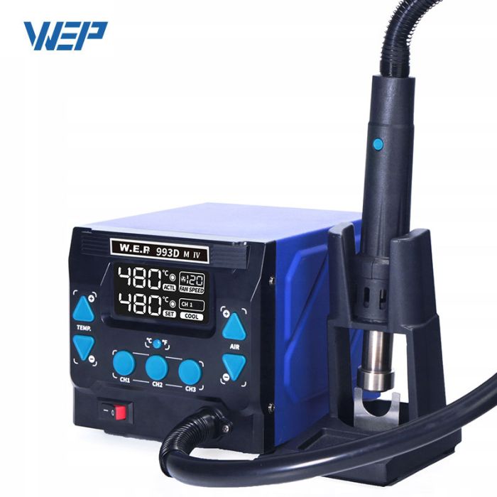 Термоповітряна паяльна станція WEP 993DM-IV фен / 1000 Вт / 100-500°С / 120 л/хв / змінні насадки