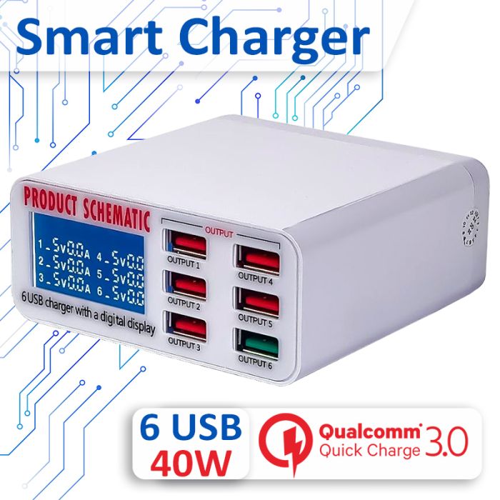 Швидка зарядна станція WLX-896 / цифрова індикація / 3.5A / 5xUSB / 1xUSB QC3.0 / 40W