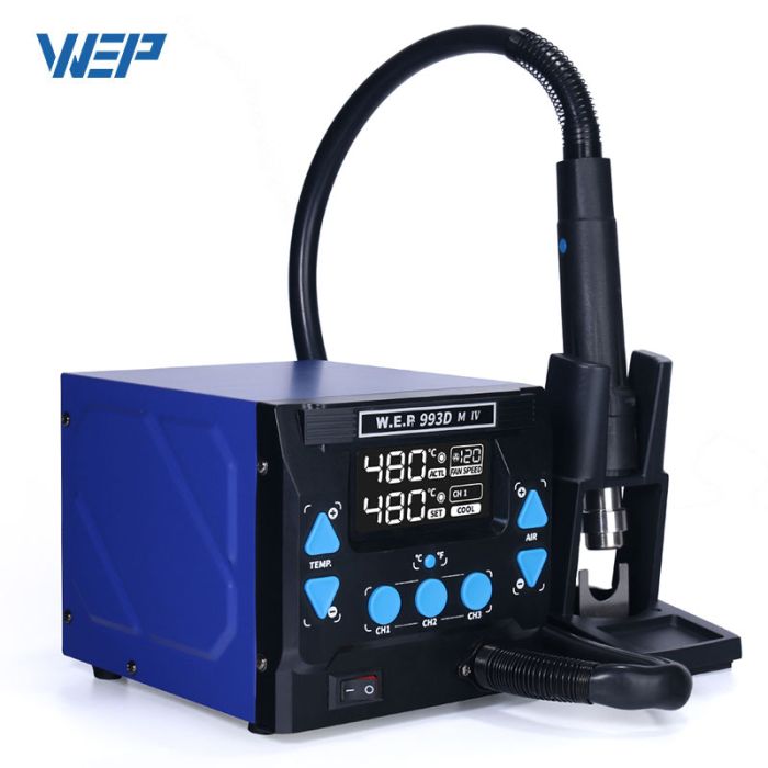 Термоповітряна паяльна станція WEP 993DM-IV фен / 1000 Вт / 100-500°С / 120 л/хв / змінні насадки