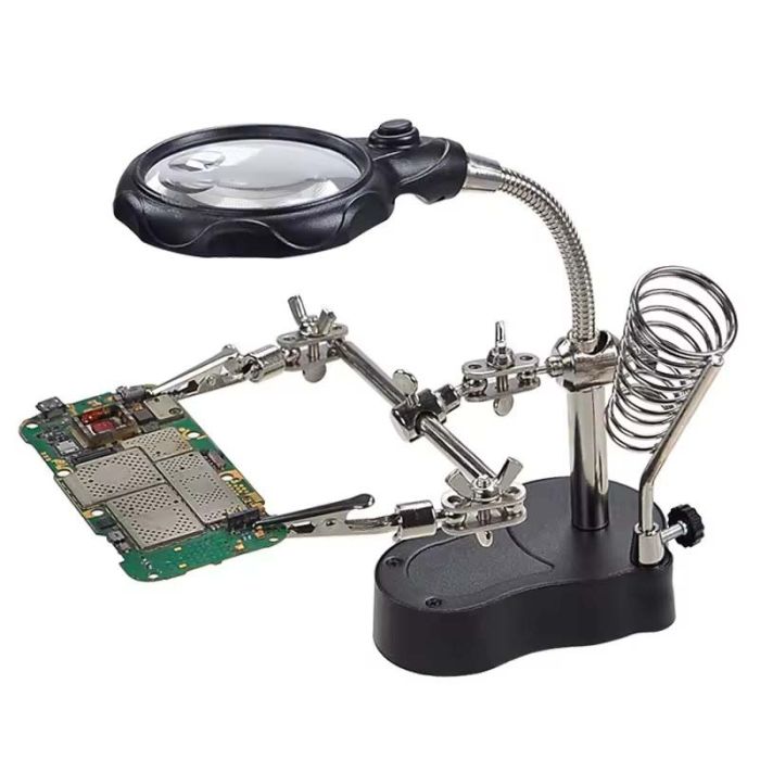 Держатель для плат TELIJIA TE-801 / LED подсветка / лупа / подставка для паяльника / третья рука