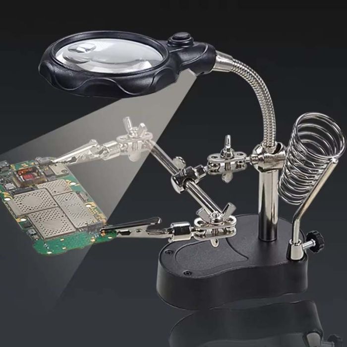 Держатель для плат TELIJIA TE-801 / LED подсветка / лупа / подставка для паяльника / третья рука