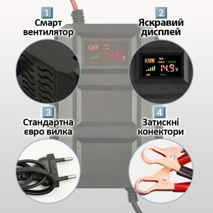 Розумний зарядний пристрій LiitoKala 14.6V 20A, для гелевих, кислотних, AGM, LiFePO4 акумуляторів 12 В