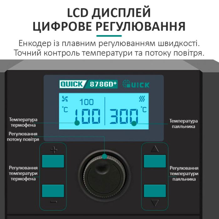 Паяльна станція 2 в 1 QUICK 8786D+ / паяльник 70 Вт + фен 700 Вт / 100-500 ° С / 40 л / хв