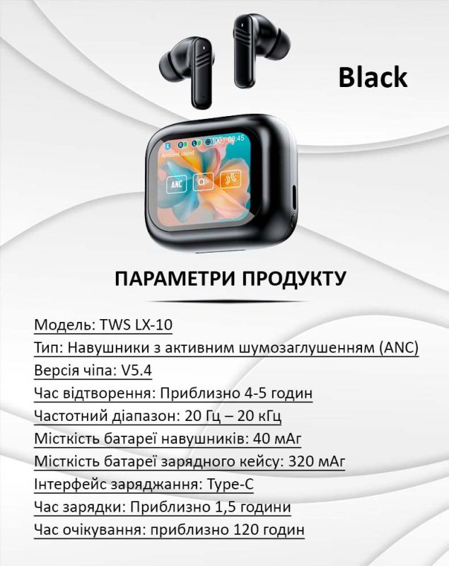 Наушники беспроводные LX-10 TWS Earbuds с LED дисплеем, Bluetooth 5.4, ANC + ENC, 320mAh Black