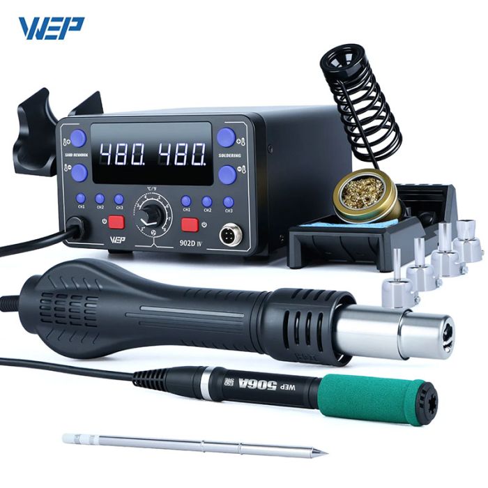 Паяльная станция 2 в 1 WEP 902D-IV / термофен + паяльник T12 / 3 канала памяти / 775 Вт