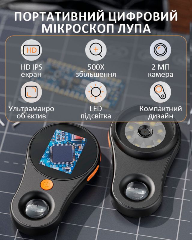 Микроскоп цифровой портативный лупа PM-370 / 500х / 2Мп / подсветка / Type-C / Черный