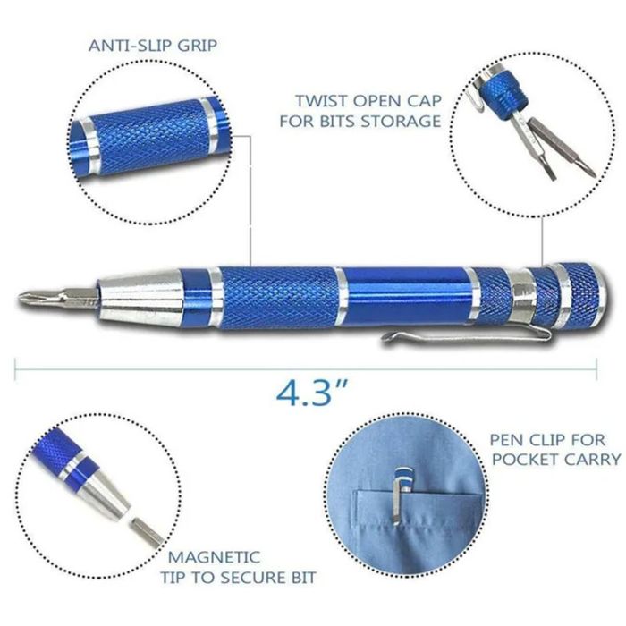 Отвертка + 8 бит в виде ручки / прецизионная / карманная / алюминиевая Blue