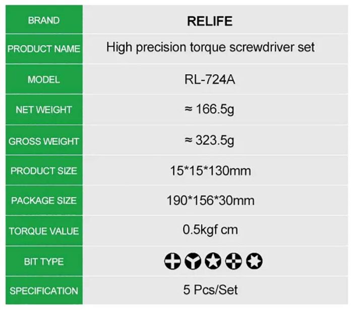 Набор отверток Relife RL-724A / прецизионные / для ремонта (T1 / Y0.6 / ★0.8 / ➕1.5 / IP2.5) 5 шт.