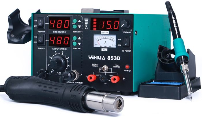 Паяльна станція YIHUA 853D / 3 в 1 / фен, паяльник, блок живлення / 800 Вт / 480°C / 15V / 1A