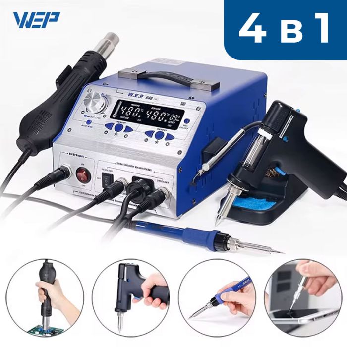 Паяльная станция 4 в 1 WEP 948-II / паяльник + термофен + оловоотсос + вакуумный пинцет / 780 Вт