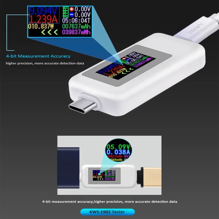 Многофункциональный USB тестер KEWEISI KWS-1902C Type-C / 10 в 1 / QC3.0 / 4-30V / 5A Black