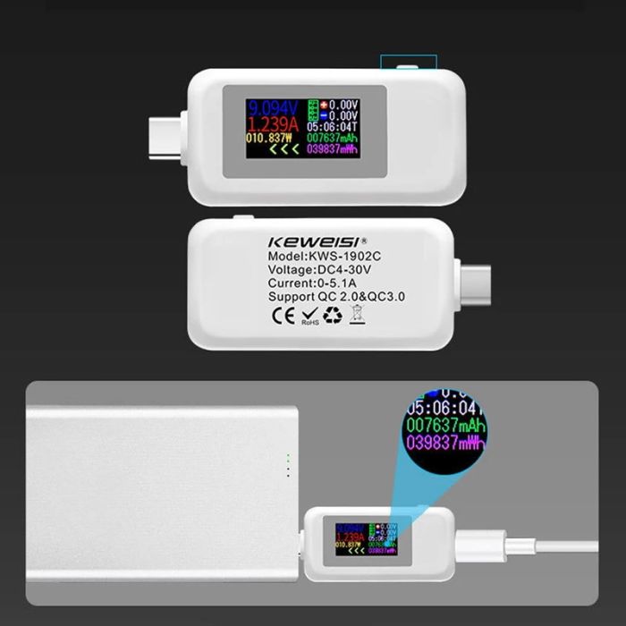 Многофункциональный USB тестер KEWEISI KWS-1902C Type-C / 10 в 1 / QC3.0 / 4-30V / 5A Black