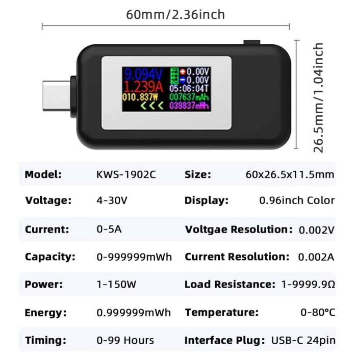 Многофункциональный USB тестер KEWEISI KWS-1902C Type-C / 10 в 1 / QC3.0 / 4-30V / 5A Black