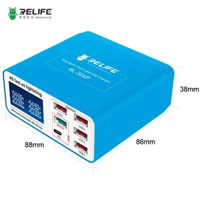 Швидкий зарядний пристрій RELIFE RL-304P / 4xUSB / 1xType-C PD3.0 /  1xUSB QC 3.0 / 40W