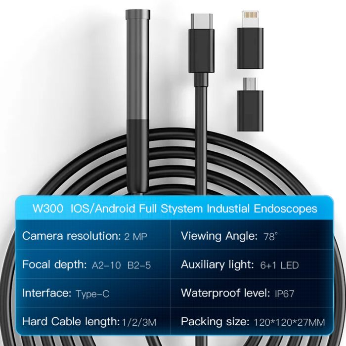 Ендоскоп WI-FI USB / 8 mm камера / підсвічування / IP67 / Android IOS / OTG Type-C / Lightning 3 м
