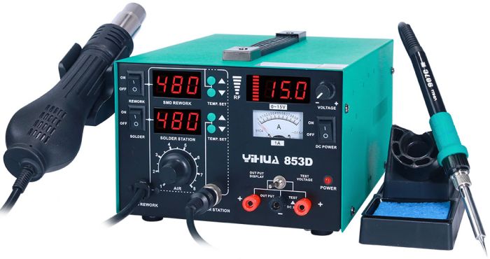 Паяльная станция YIHUA 853D / 3 в 1 / фен, паяльник, блок питания  / 800 Вт / 480°C / 15V / 1A