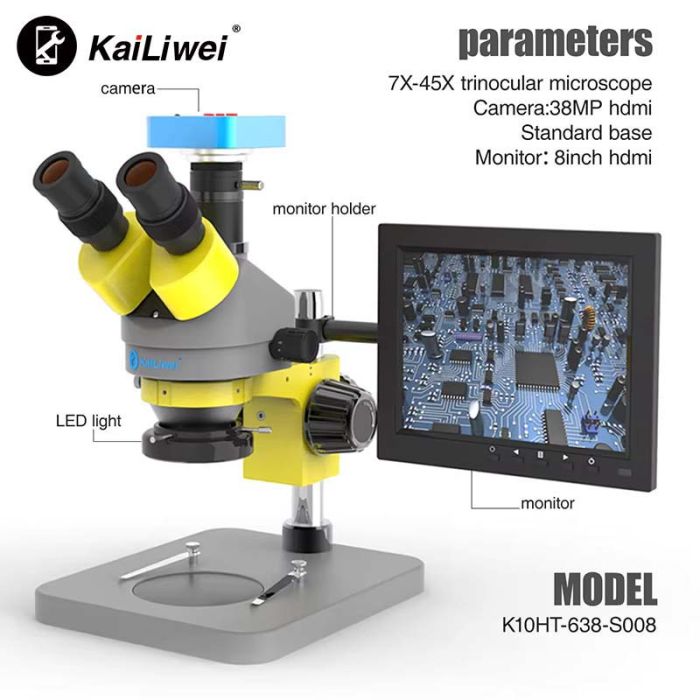 Мікроскоп тринокулярний KaiLiwei K10HT-638-S008 / камера 38Мп 1080P / монітор HD 8" / 45X / HDMI / підсвічування