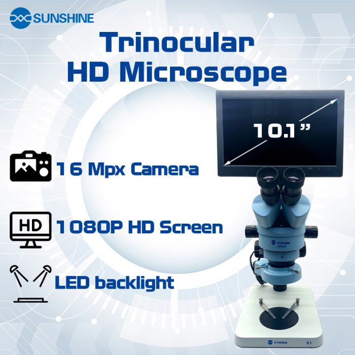 Тринокулярний мікроскоп Sunshine SZM45T-B1-1600S / камера 16 Mpx / HD дисплей 10'' 1080P / підсвічування