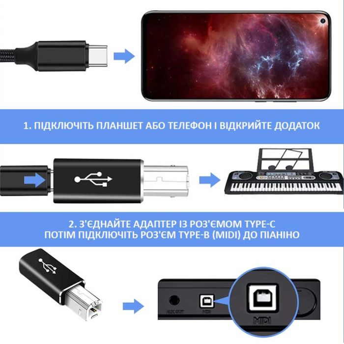 Переходник адаптер USB Type-C на USB-B 2.0 для принтера, сканера, синтезатора / черный