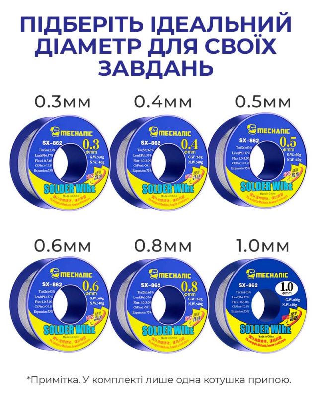 Припой для пайки Mechanic SX862 с канифольным сердечником / Sn 63%, Pb 37% / 60 г / 0.5 мм