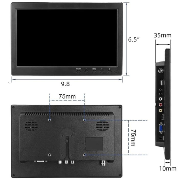 Монитор экран портативный 10'' для авто / видеонаблюдение / ПК / мониторинг / HDMI, VGA, RCA, AV, USB / 12В