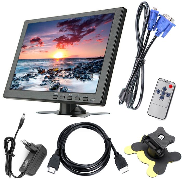 Монитор экран портативный 10'' для авто / видеонаблюдение / ПК / мониторинг / HDMI, VGA, RCA, AV, USB / 12В