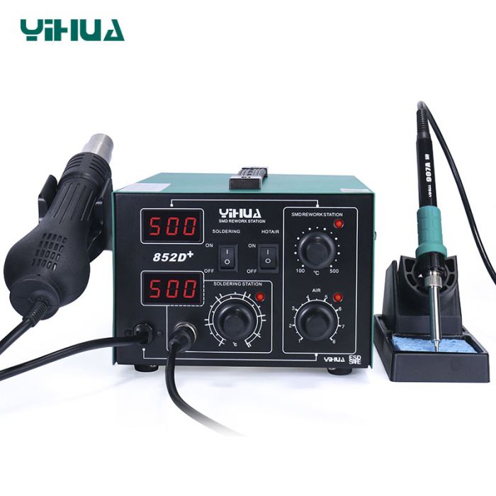 Паяльная станция 2 в 1 YIHUA 852D+ FAN / паяльник 50 Вт + термофен 650 Вт / LED дисплей / 3 насадки