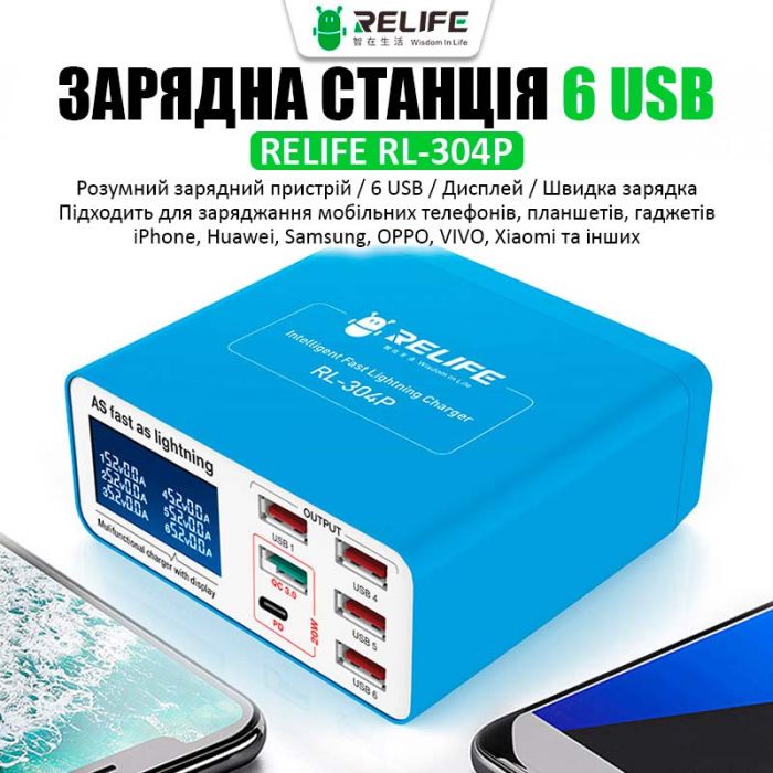 Швидкий зарядний пристрій RELIFE RL-304P / 4xUSB / 1xType-C PD3.0 /  1xUSB QC 3.0 / 40W