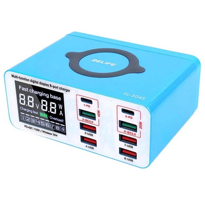 Быстрое зарядное устройство + беспроводная зарядка RELIFE RL-304S 4xUSB / 2xType-C PD3.0 / 2xUSB QC3.0 / 110W