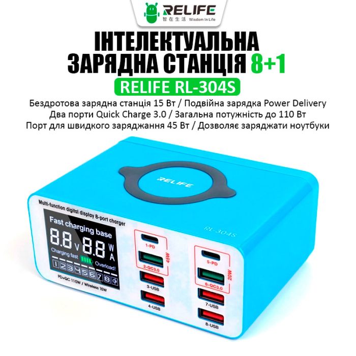 Быстрое зарядное устройство + беспроводная зарядка RELIFE RL-304S 4xUSB / 2xType-C PD3.0 / 2xUSB QC3.0 / 110W