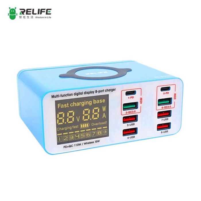 Быстрое зарядное устройство + беспроводная зарядка RELIFE RL-304S 4xUSB / 2xType-C PD3.0 / 2xUSB QC3.0 / 110W