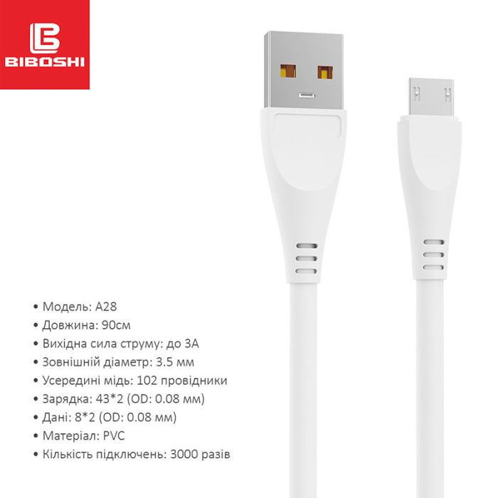 Кабель Biboshi A28 USB - Micro-USB / 90см / 3A / white