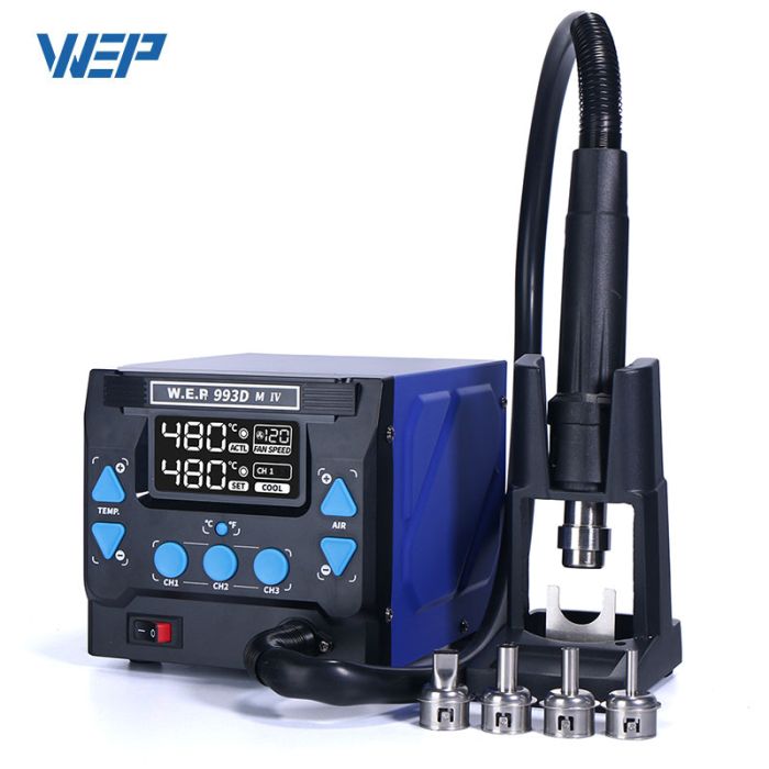 Термоповітряна паяльна станція WEP 993DM-IV фен / 1000 Вт / 100-500°С / 120 л/хв / змінні насадки