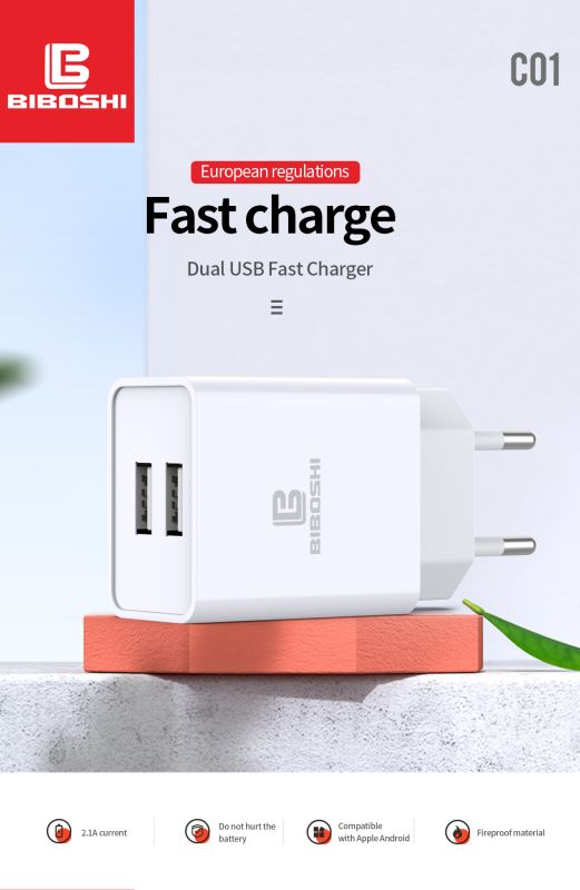 Мережевий зарядний пристрій Biboshi C01 2 USB 2.1A + кабель Micro-USB white