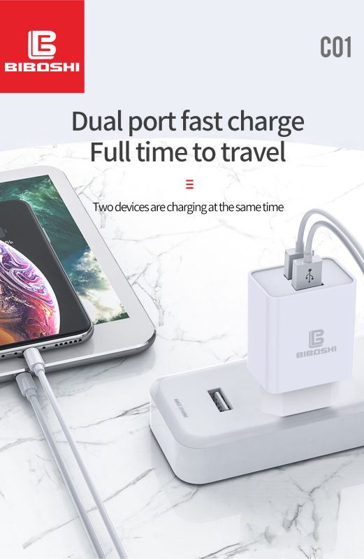 Мережевий зарядний пристрій Biboshi C01 2 USB 2.1A + кабель Micro-USB white