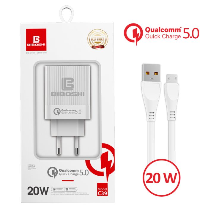 Сетевое зарядное устройство Biboshi C39 1 USB 20W / QC5.0 + кабель Micro-USB white