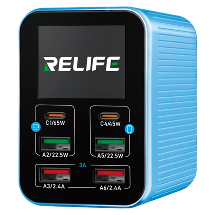 Швидкий зарядний пристрій RELIFE Q4 / 2xUSB QC / 2xType-C PD / TFT дисплей / 72W Max / Blue