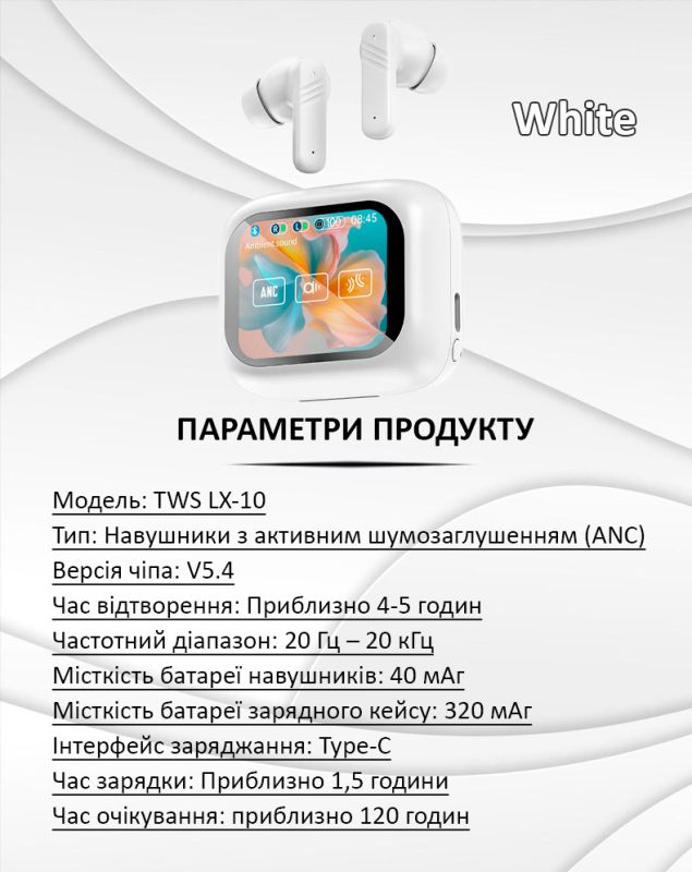 Наушники беспроводные LX-10 TWS Earbuds с LED дисплеем, Bluetooth 5.4, ANC + ENC, 320mAh White