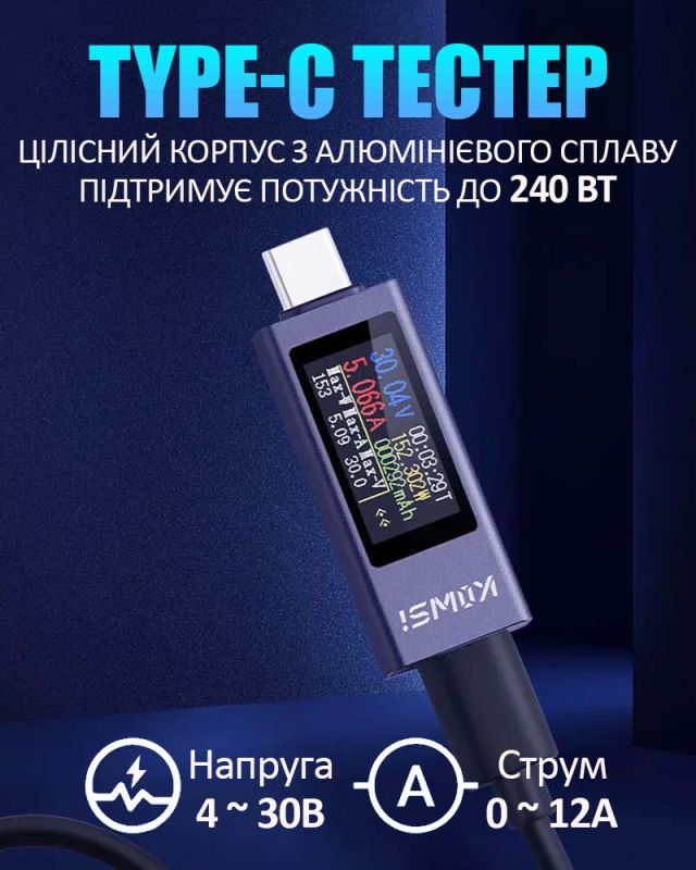 Многофункциональный USB тестер KOWSI KWS-2302C Type-C / ударопрочный / QC3.0 / 4-30V / 12A