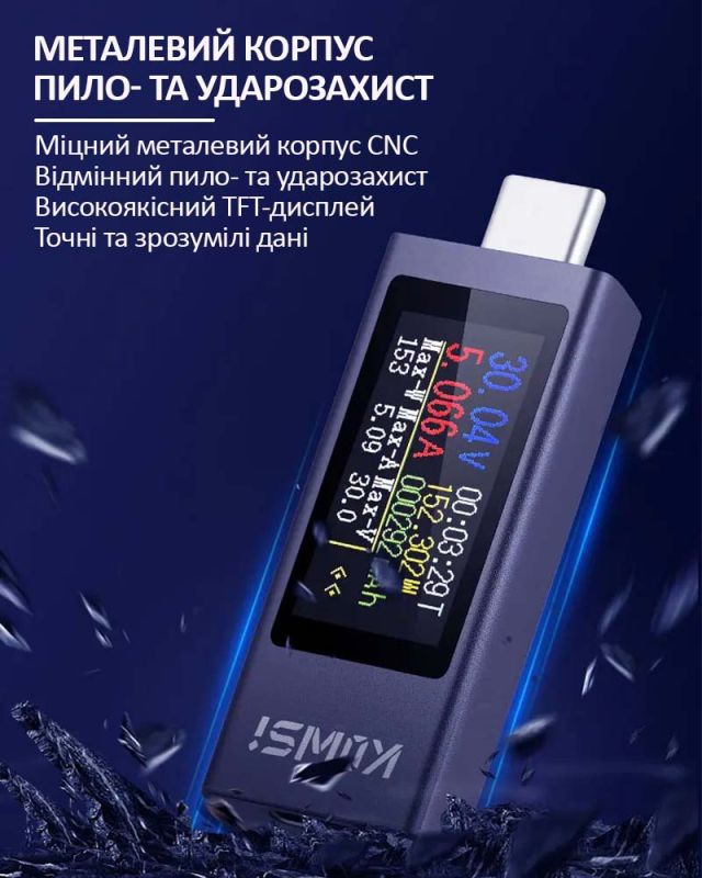 Многофункциональный USB тестер KOWSI KWS-2302C Type-C / ударопрочный / QC3.0 / 4-30V / 12A