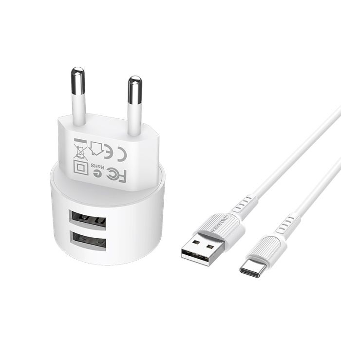 Мережевий зарядний пристрій Borofone BA23A 2 USB 2.4A Type-C білий