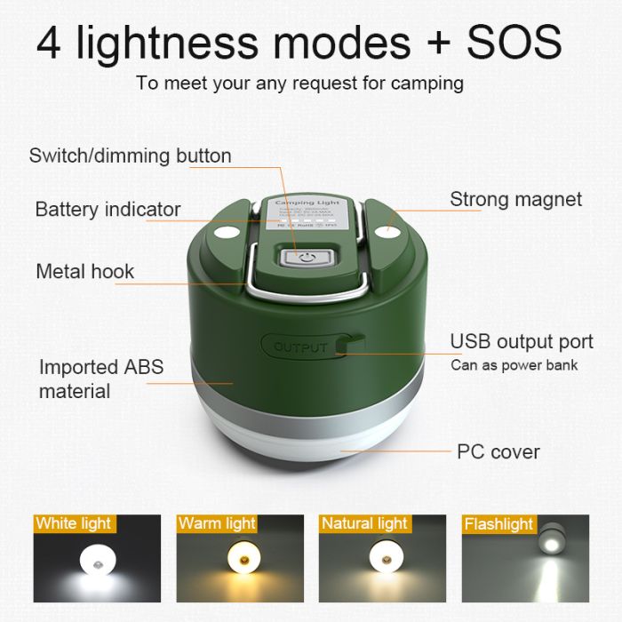 Ліхтар кемпінговий EcoFlow + Powerbank 3600 mAh / 5 режимів / магніт / гачок / IP65 / 5W / Type-C