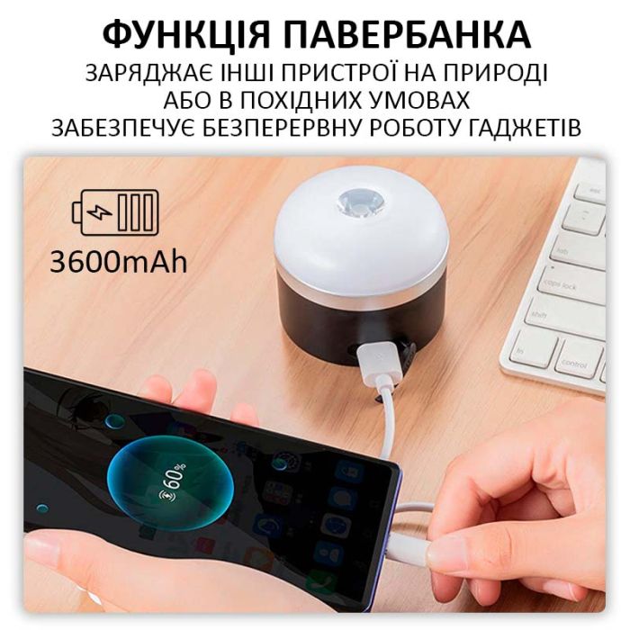 Ліхтар кемпінговий Camping Light M0 + Powerbank 3600 mAh / 5 режимів / магніт / гачок / IP65 / Type-C Black