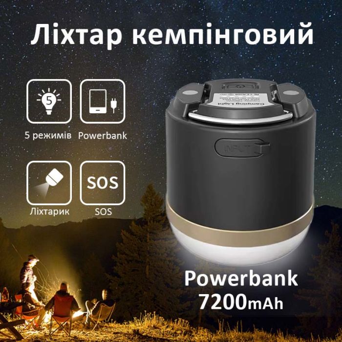 Ліхтар кемпінговий Camping Light M1 + Powerbank 7200 mAh / 5 режимів / магніт / гачок / IP65 / Type-C Black