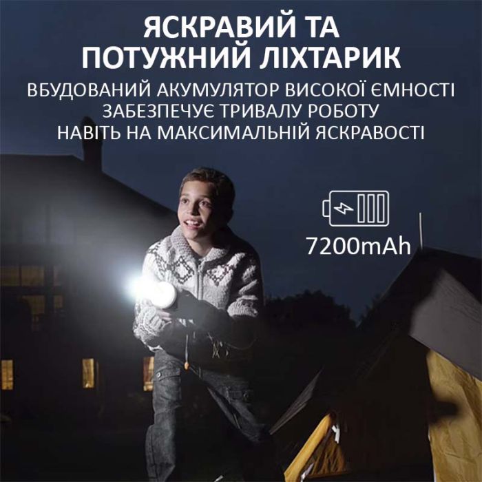Ліхтар кемпінговий Camping Light M1 + Powerbank 7200 mAh / 5 режимів / магніт / гачок / IP65 / Type-C Black