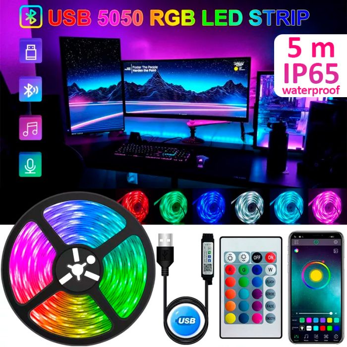 Світлодіодна LED стрічка Bluetooth, USB, 30 діодів на 1 метр, додаток, робота від Powerbank, 5В, IP65, 5 м