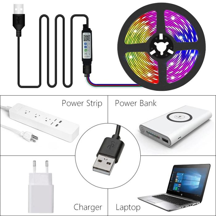 Світлодіодна LED стрічка Bluetooth, USB, 30 діодів на 1 метр, додаток, робота від Powerbank, 5В, IP20, 3 м