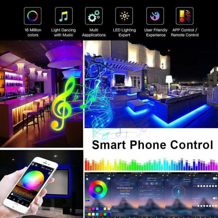 Світлодіодна LED стрічка Bluetooth, USB, 30 діодів на 1 метр, додаток, робота від Powerbank, 5В, IP20, 10 м